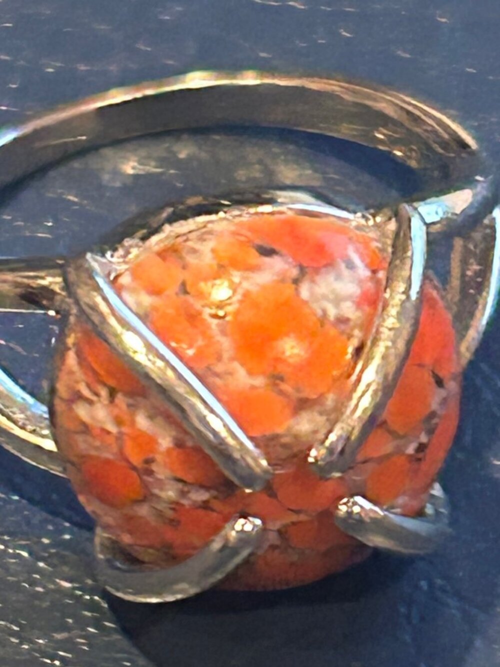 Cadmium Glass "Lava" Ring in size 7 Sterling Silver with vintage round cut 13mm